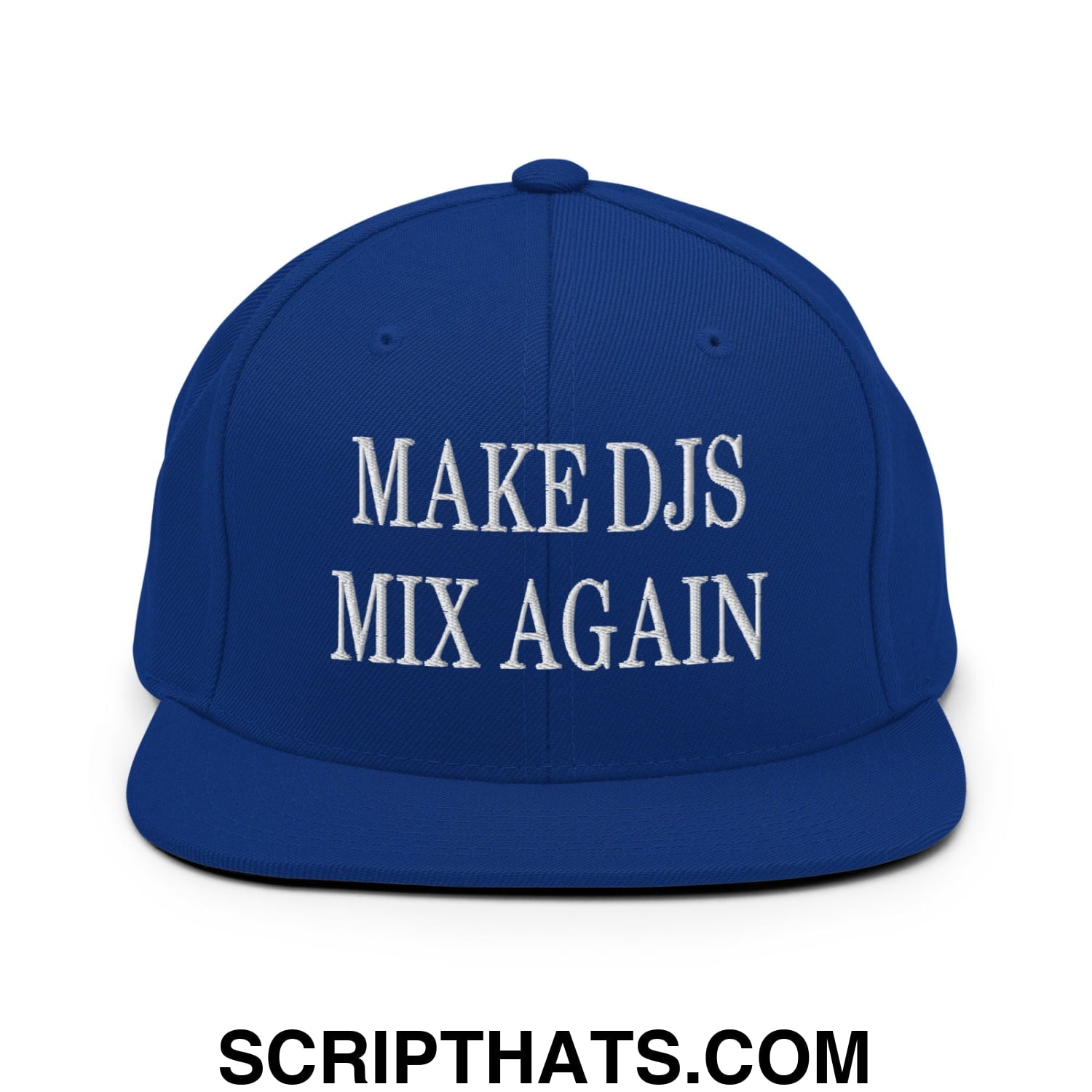Royal blue snapback hat with white embroidered make djs mix again text and flat bill brim design