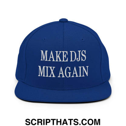 Royal blue snapback hat with white embroidered make djs mix again text and flat bill brim design