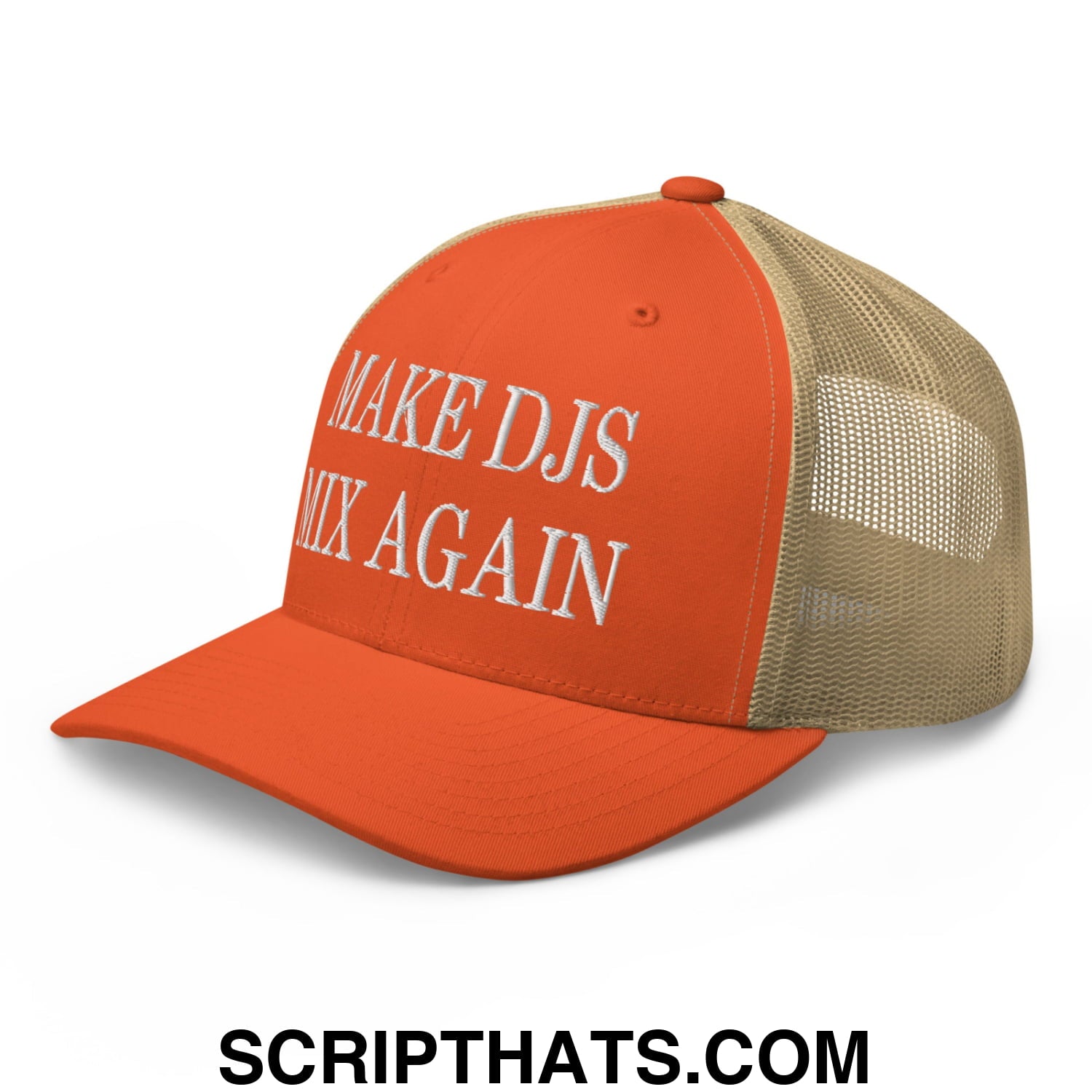 Orange and beige mesh trucker hat with white embroidered make djs mix again text on front panel