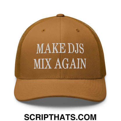 Tan embroidered mesh trucker hat with white make djs mix again text across the front for casual wear