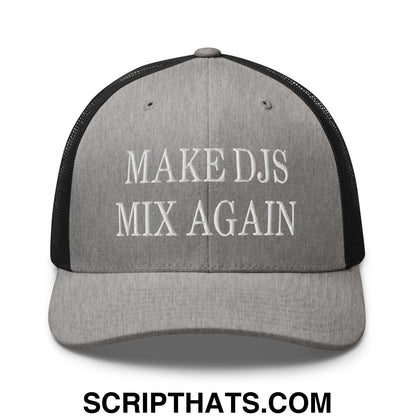 Gray mesh trucker hat with black back and white embroidered text make djs mix again for casual wear