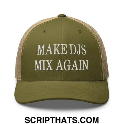 Olive green mesh trucker hat with white embroidered make djs mix again text on the front panel