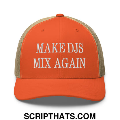 Orange and beige mesh trucker hat with white embroidered make djs mix again text for casual wear