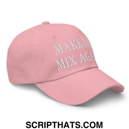 A soft pink unstructured dad hat with white embroidered text make do mix again designed for djs and casual wear