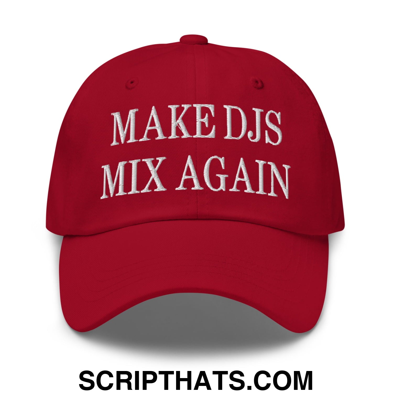 Red unstructured dad hat with white embroidered make djs mix again text for casual wear and dj fans