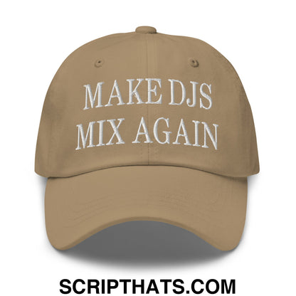 Tan unstructured dad hat featuring white embroidered text make djs mix again perfect for casual wear
