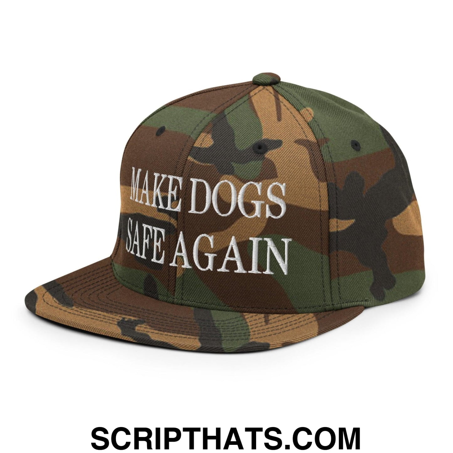Make Dogs Safe Again Embroidered Flat Bill Brim Snapback Hat Green Camo