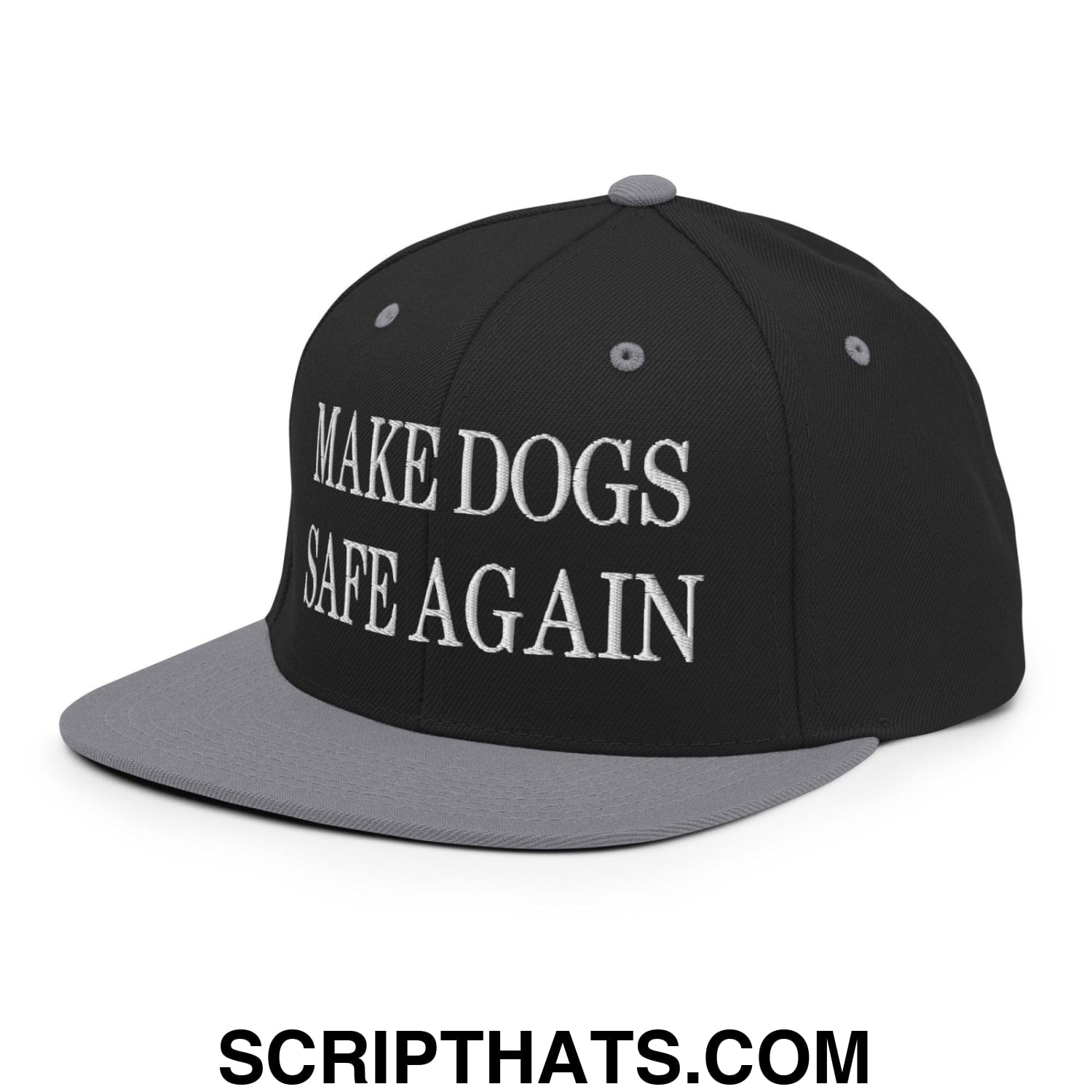 Make Dogs Safe Again Embroidered Flat Bill Brim Snapback Hat Black Silver