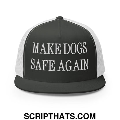 Make Dogs Safe Again Embroidered Mesh Flat Bill Brim Trucker Hat Charcoal White