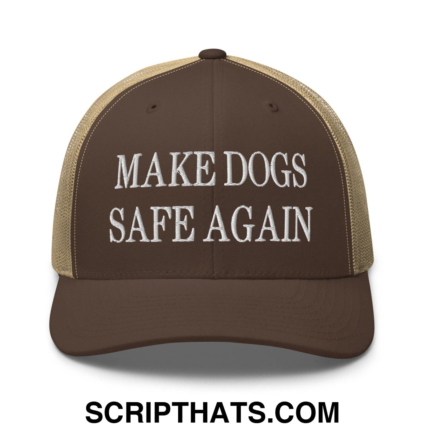 Make Dogs Safe Again Embroidered Mesh Trucker Hat Brown Khaki