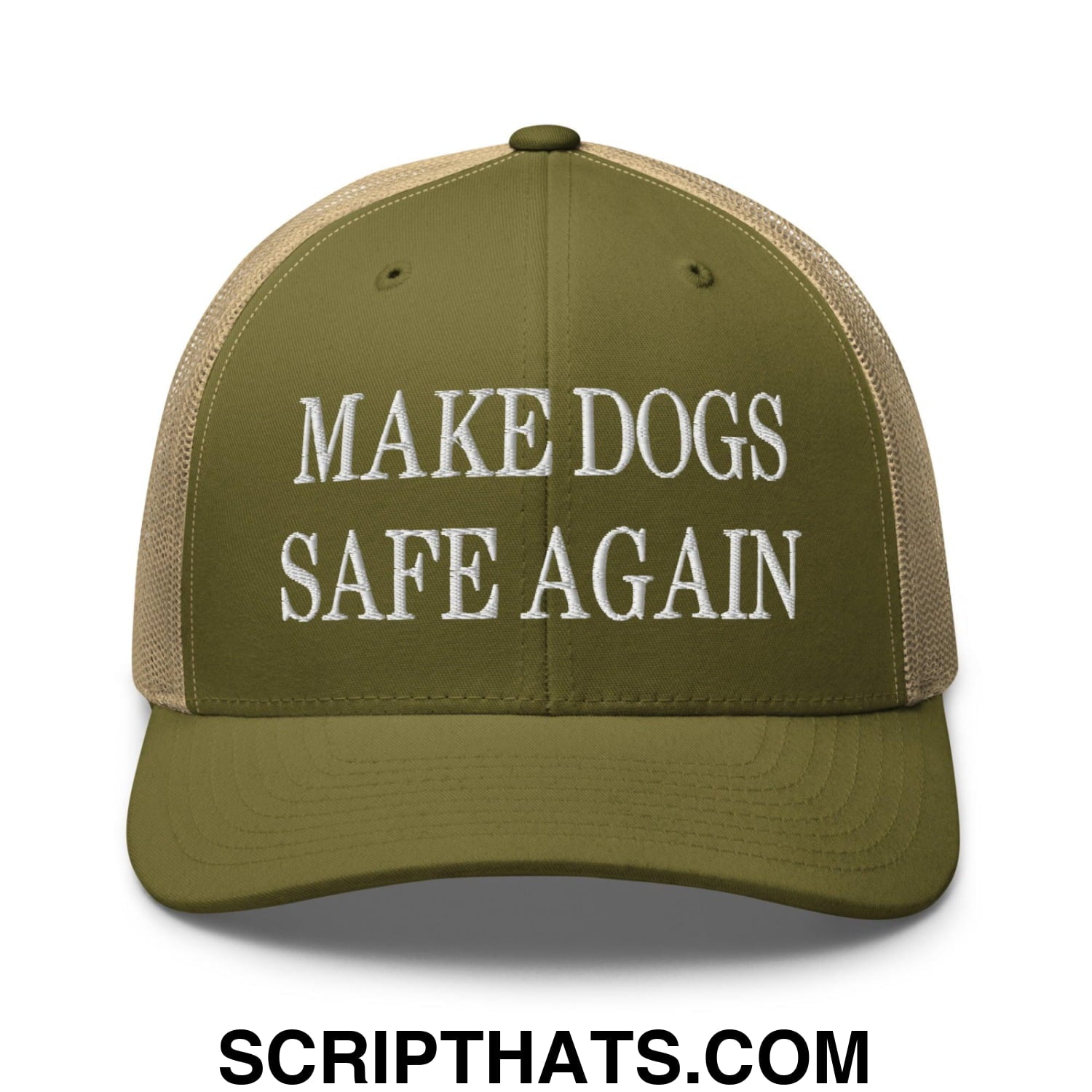 Make Dogs Safe Again Embroidered Mesh Trucker Hat Moss Khaki