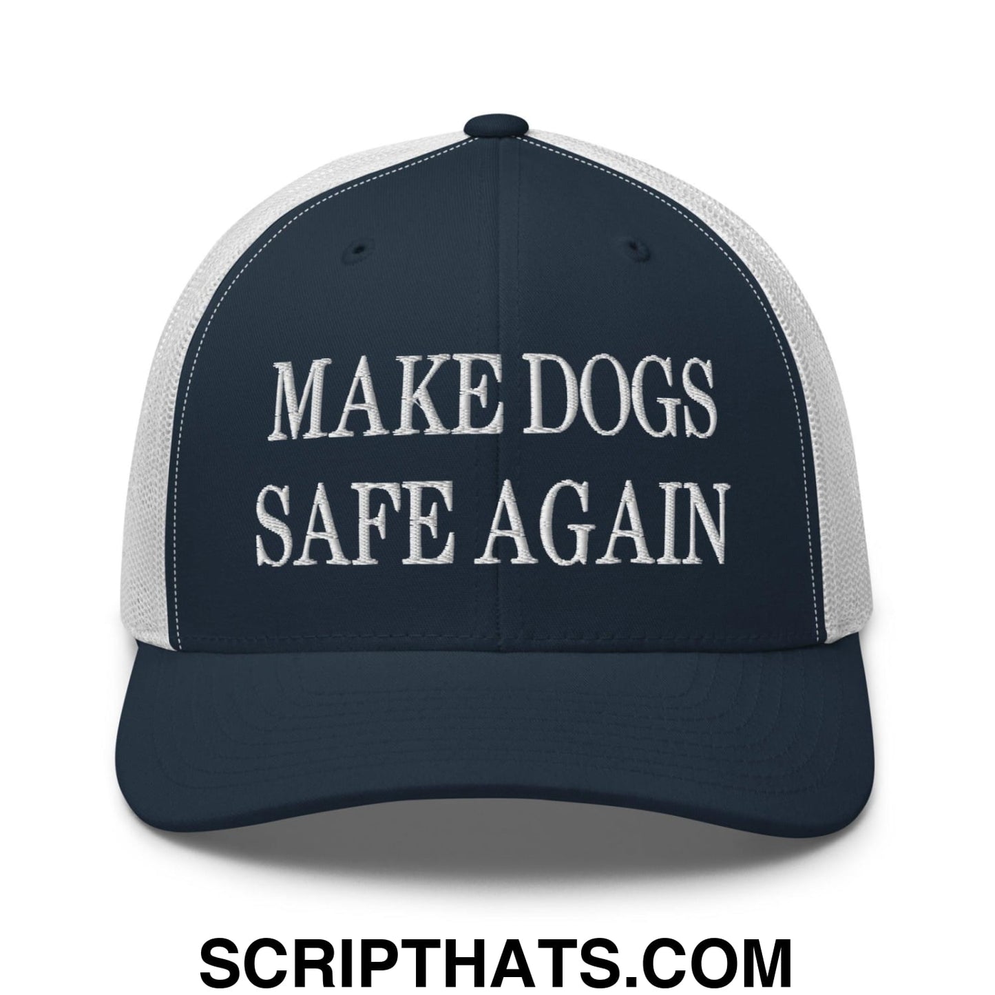Make Dogs Safe Again Embroidered Mesh Trucker Hat Navy White