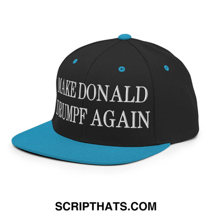Black snapback cap with teal brim and button featuring white embroidered make donald trump again text