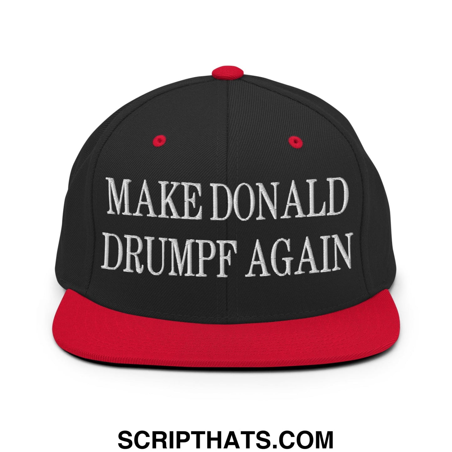 Black and red snapback cap with white embroidered make donald drumpf again text and flat bill brim