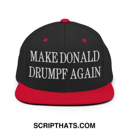 Black and red snapback cap with white embroidered make donald drumpf again text and flat bill brim