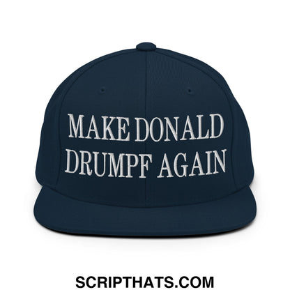 Navy blue snapback cap with white embroidered make donald drumpf again text and flat bill brim for casual wear