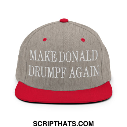 Gray and red snapback hat with white embroidered make donald drumpf again text on flat bill brim