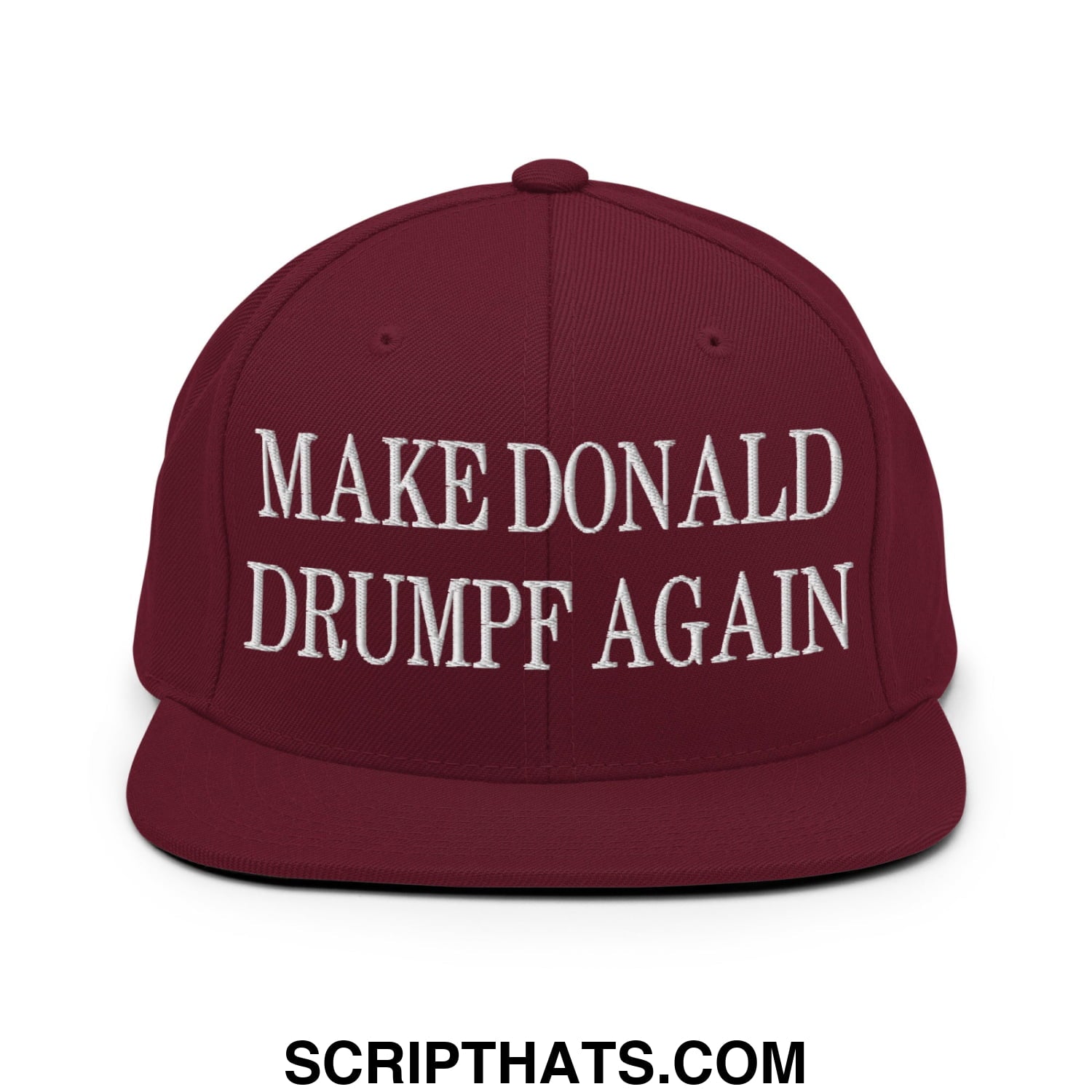 Maroon flat bill brim snapback hat with white embroidered text make donald drumpf again for casual wear