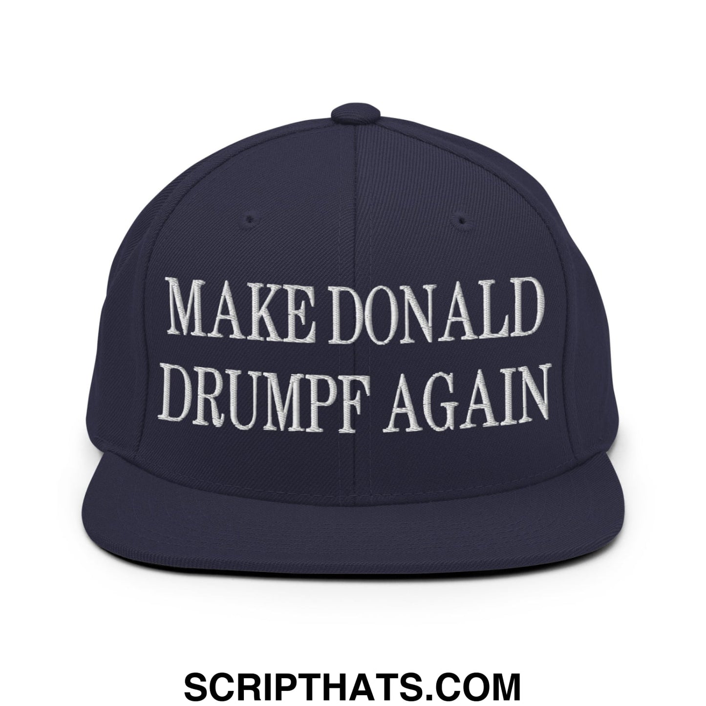 Navy blue snapback cap with white embroidered text make donald drumpf again flat bill brim for casual wear