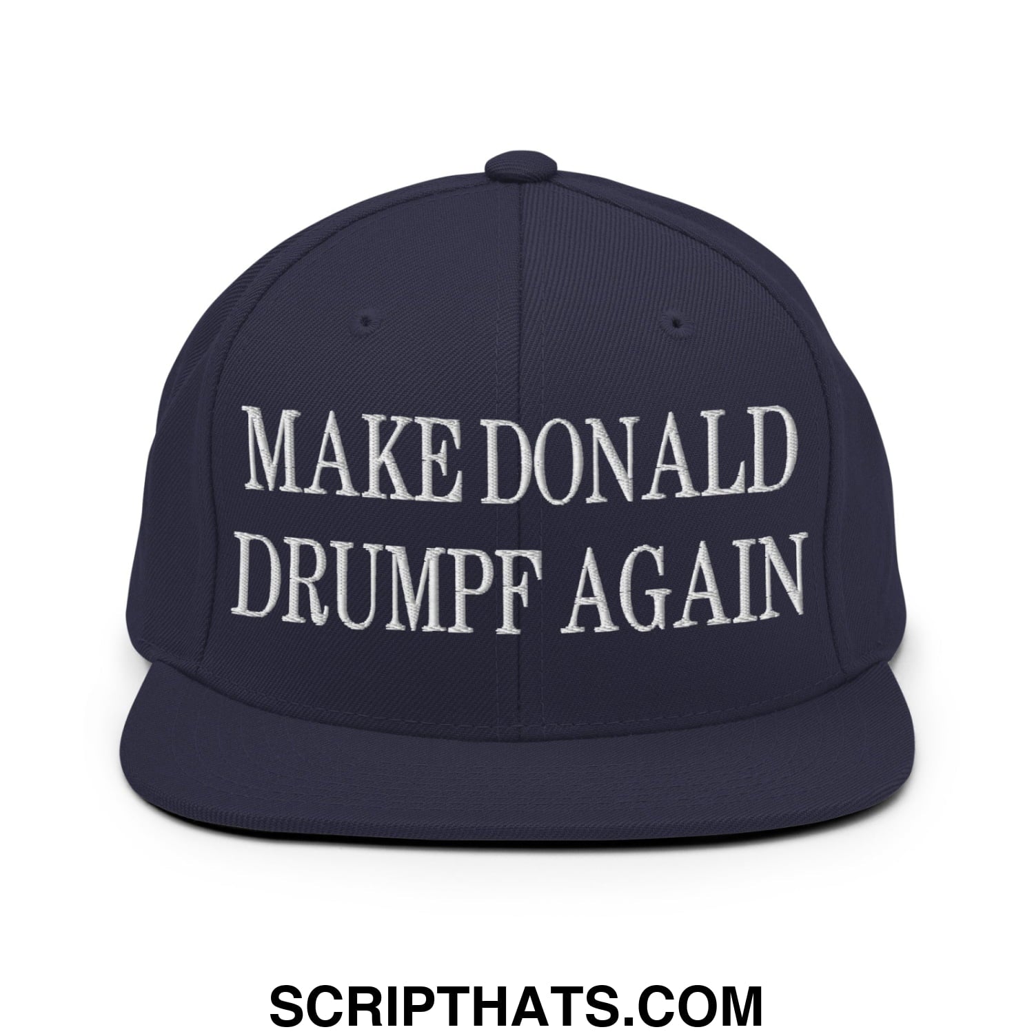 Navy blue snapback cap with white embroidered text make donald drumpf again flat bill brim for casual wear