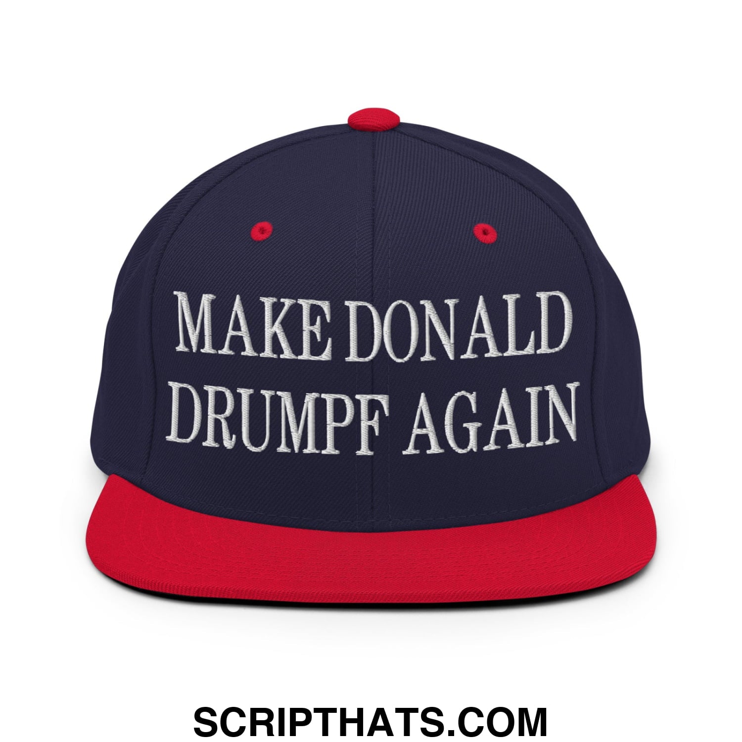 Navy blue and red snapback cap with white embroidered make donald drumpf again text and flat bill brim