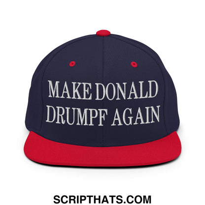 Navy blue and red snapback cap with white embroidered make donald drumpf again text and flat bill brim