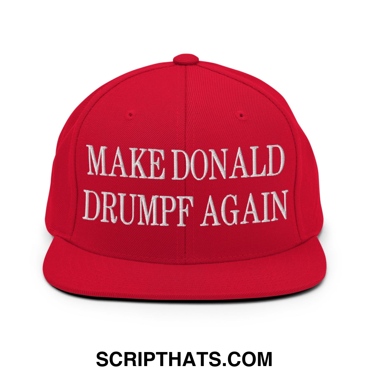 Red snapback cap with white embroidered make donald drumpf again text featuring a flat bill brim design