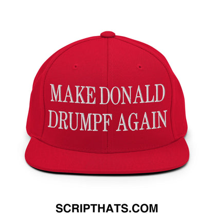 Red snapback cap with white embroidered make donald drumpf again text featuring a flat bill brim design