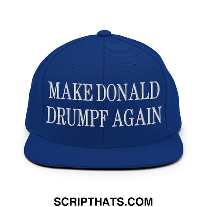 Royal blue snapback hat with white embroidered make Donald Drumpf again text and flat bill brim design