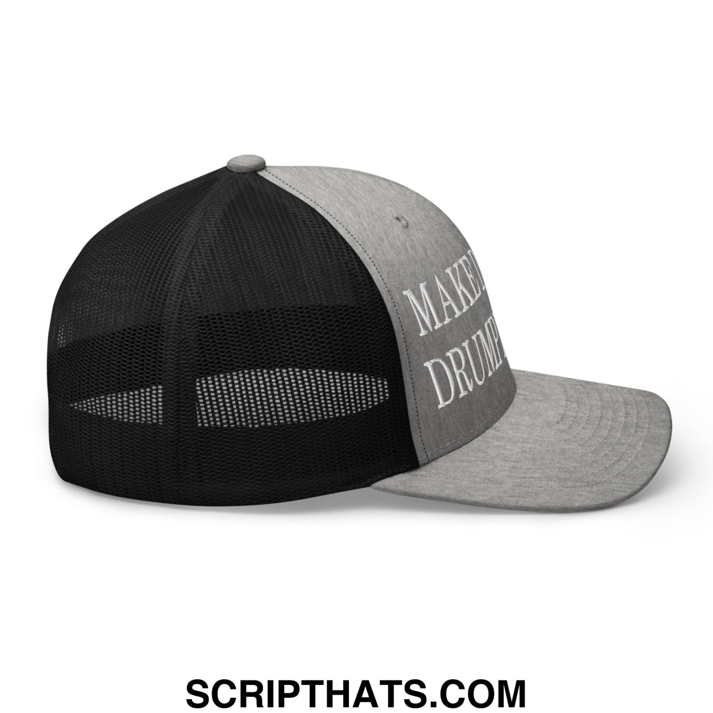 Gray and black mesh trucker hat with make drums embroidered in white script on the front panel for casual wear