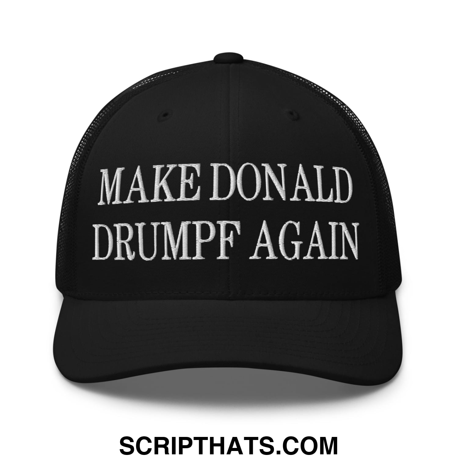 Black mesh trucker hat with white embroidered make donald drumpf again text across the front panel