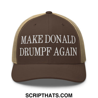 Brown and tan mesh trucker hat with white embroidered make donald drumpf again text front panel