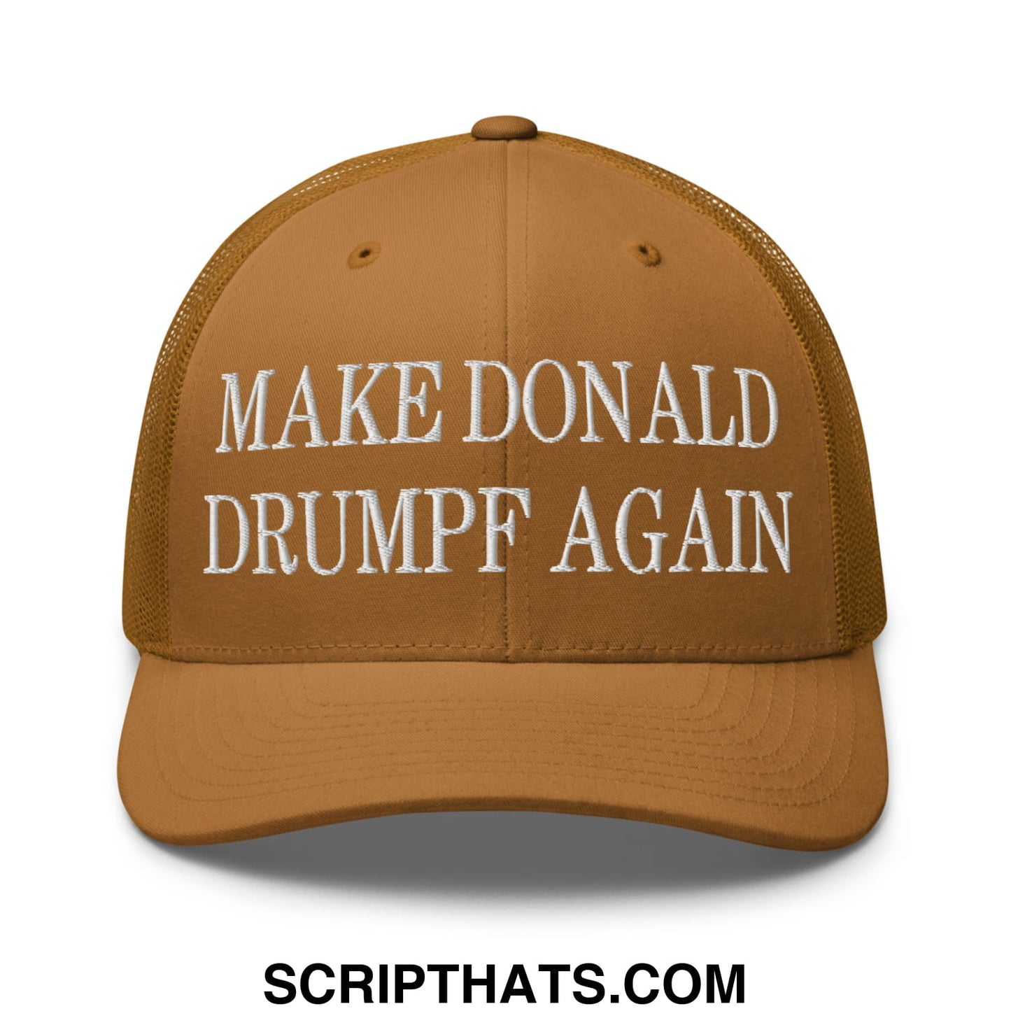 Tan mesh trucker hat with white embroidered make donald drumpf again text on front panel
