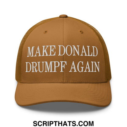 Tan mesh trucker hat with white embroidered make donald drumpf again text on front panel