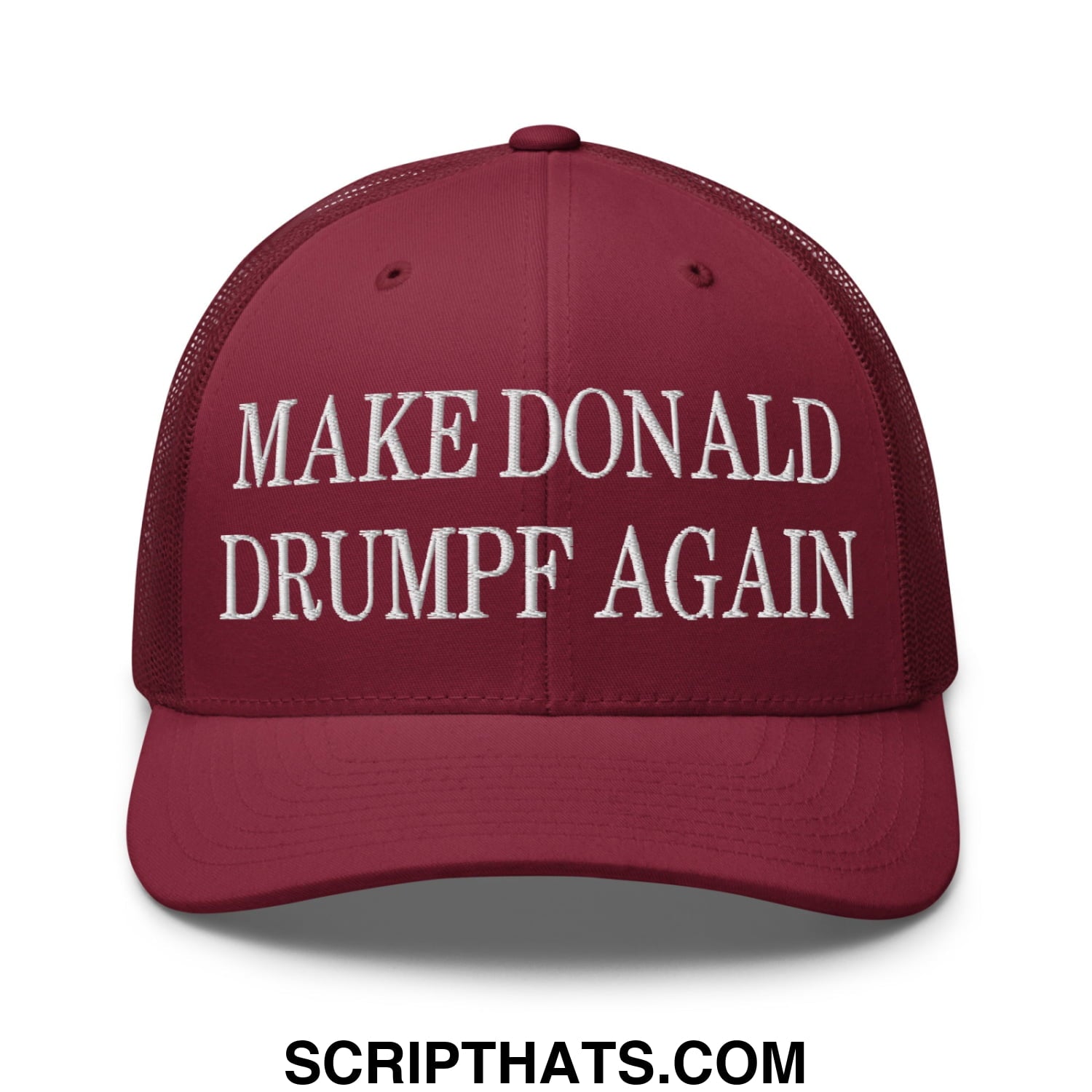 Maroon mesh trucker hat with white embroidered text make donald drumpf again in a casual style