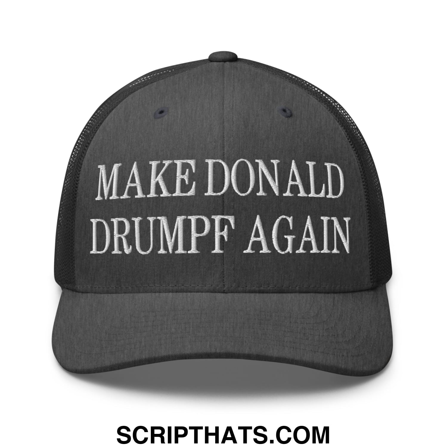 Black mesh trucker hat with white embroidered make donald drumpf again text for casual wear