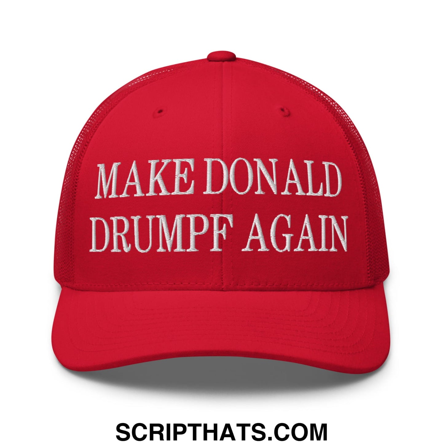Red mesh trucker hat with white embroidered make Donald Drumpf again text on the front panel