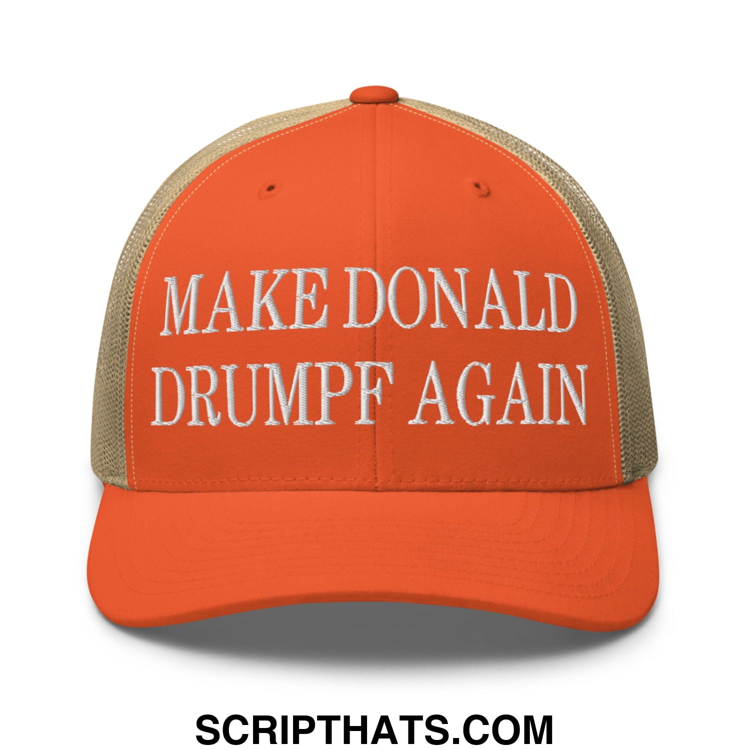 Orange and beige mesh trucker hat with white embroidered make donald drumpf again text in a mesh design