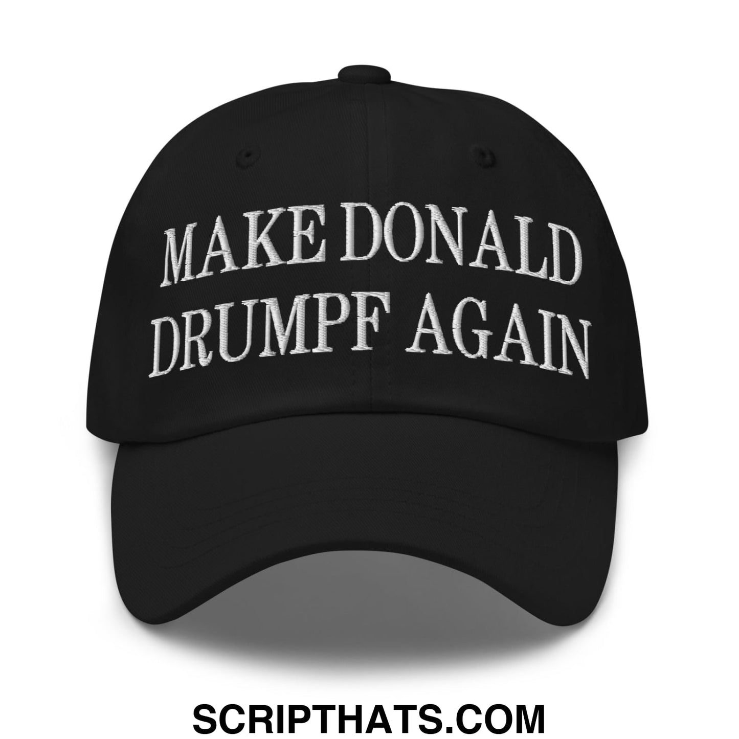 Black unstructured dad hat with white embroidered make donald drumpf again text for casual wear