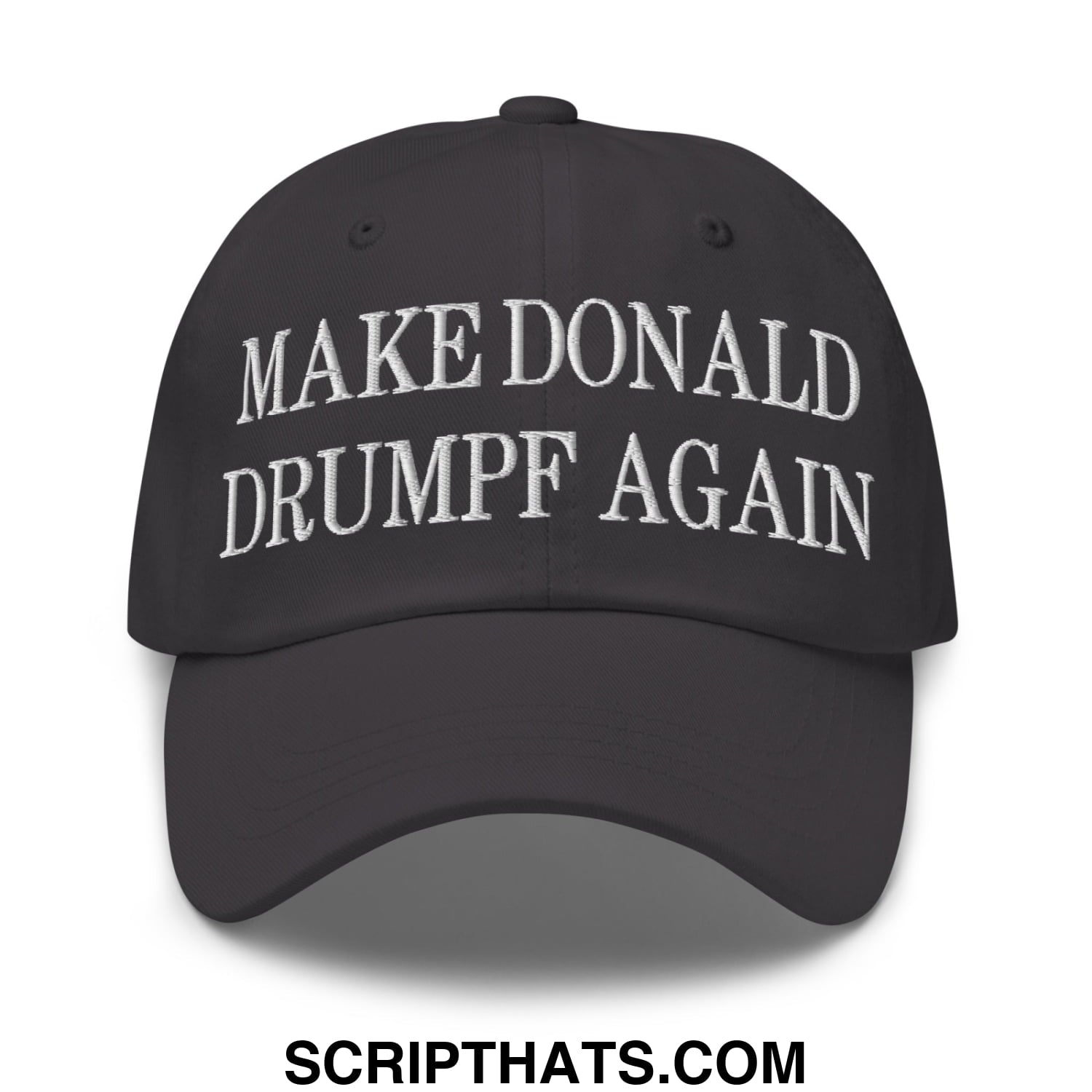 Black unstructured dad hat with white embroidered make donald drumpf again text for casual wear