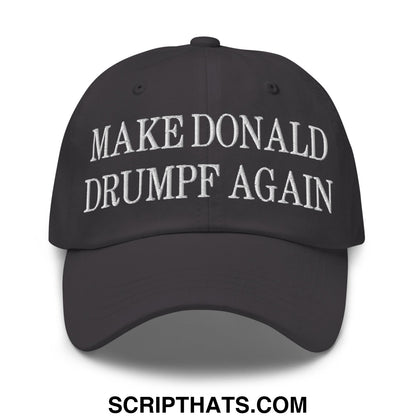 Black unstructured dad hat with white embroidered make donald drumpf again text for casual wear