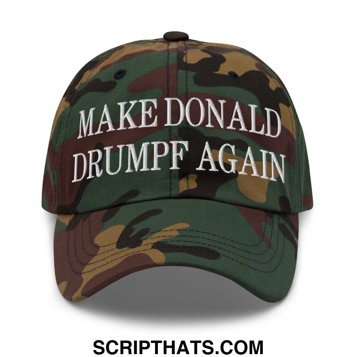 Camouflage unstructured dad hat with white embroidered text reading make donald drumpf again
