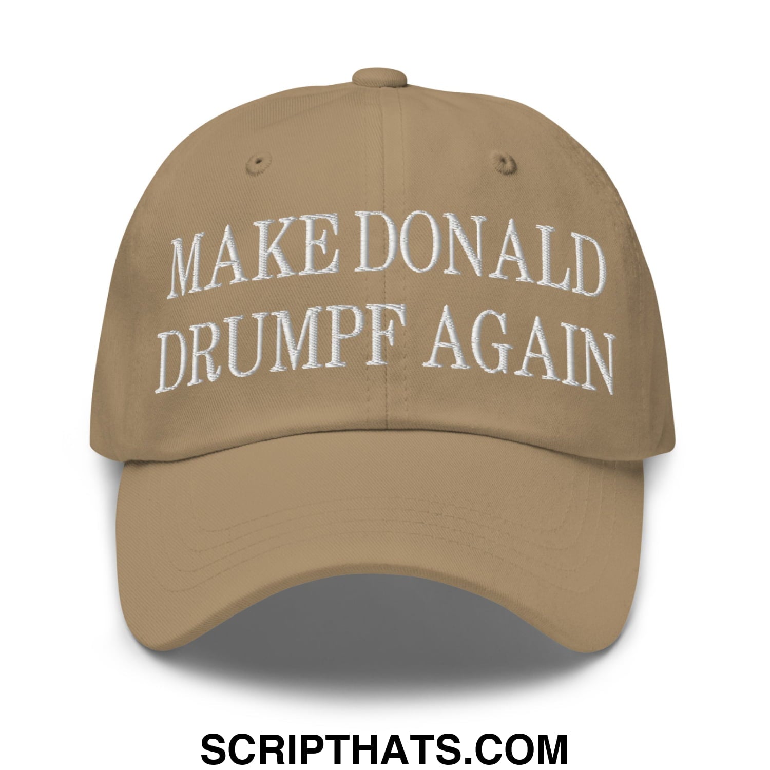 Tan make donald drumpf again embroidered unstructured dad hat featuring white text on a cotton baseball cap