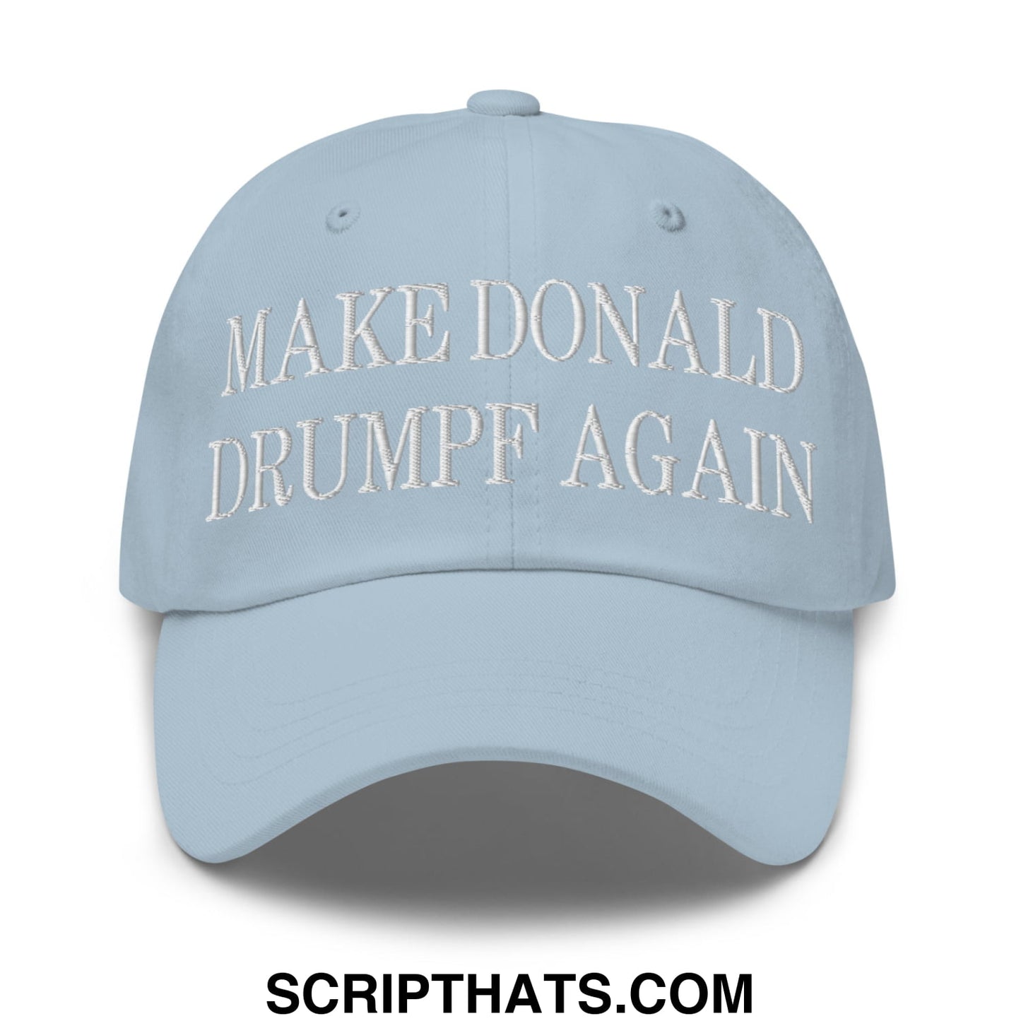Light blue unstructured dad hat with white embroidered text make donald drumpf again for casual wear