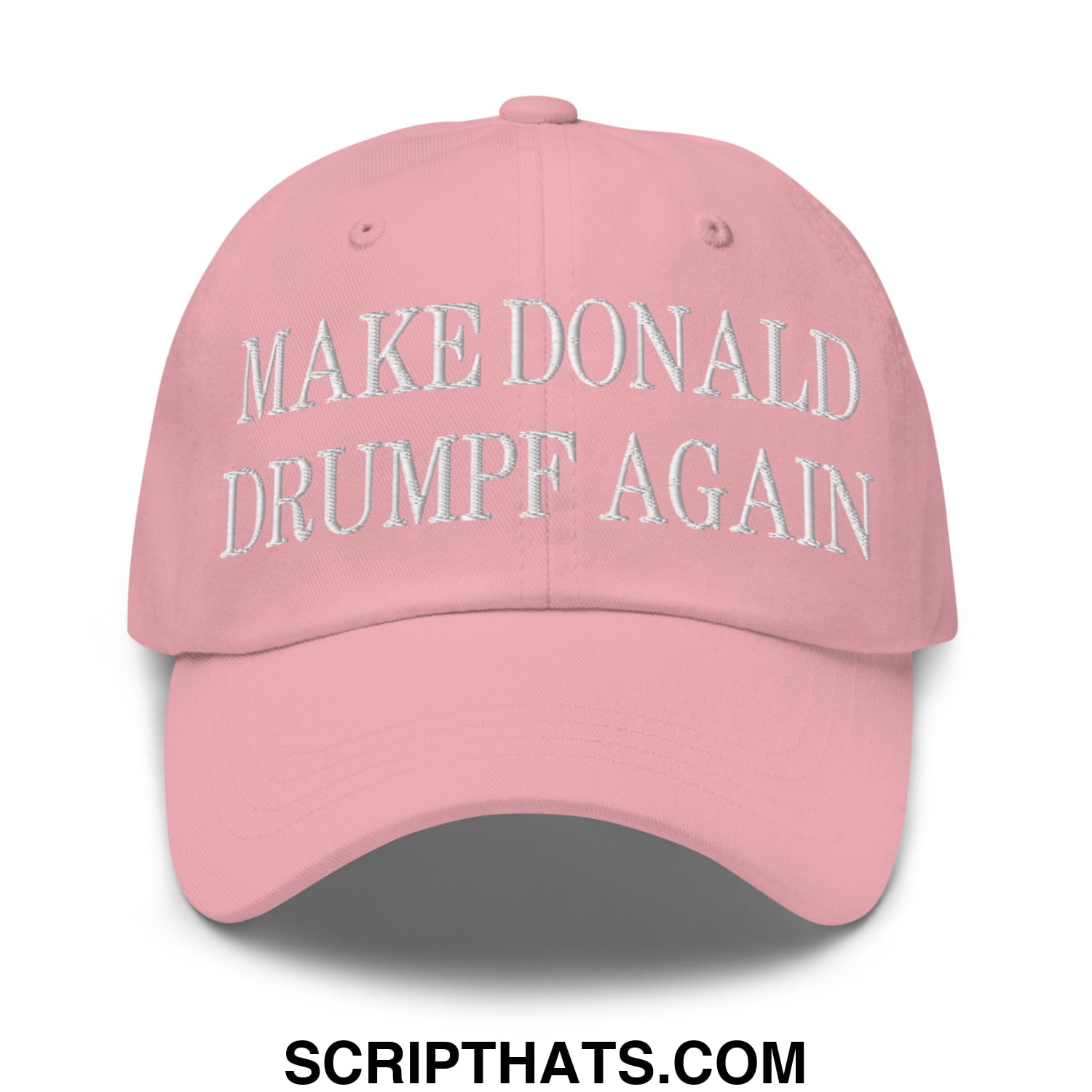 A soft pink unstructured dad hat with white embroidered text make donald drumpf again on the front