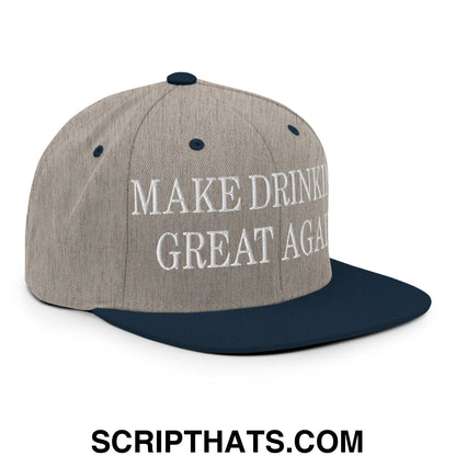 Gray and navy blue embroidered flat bill brim snapback hat with white make drinking great again text