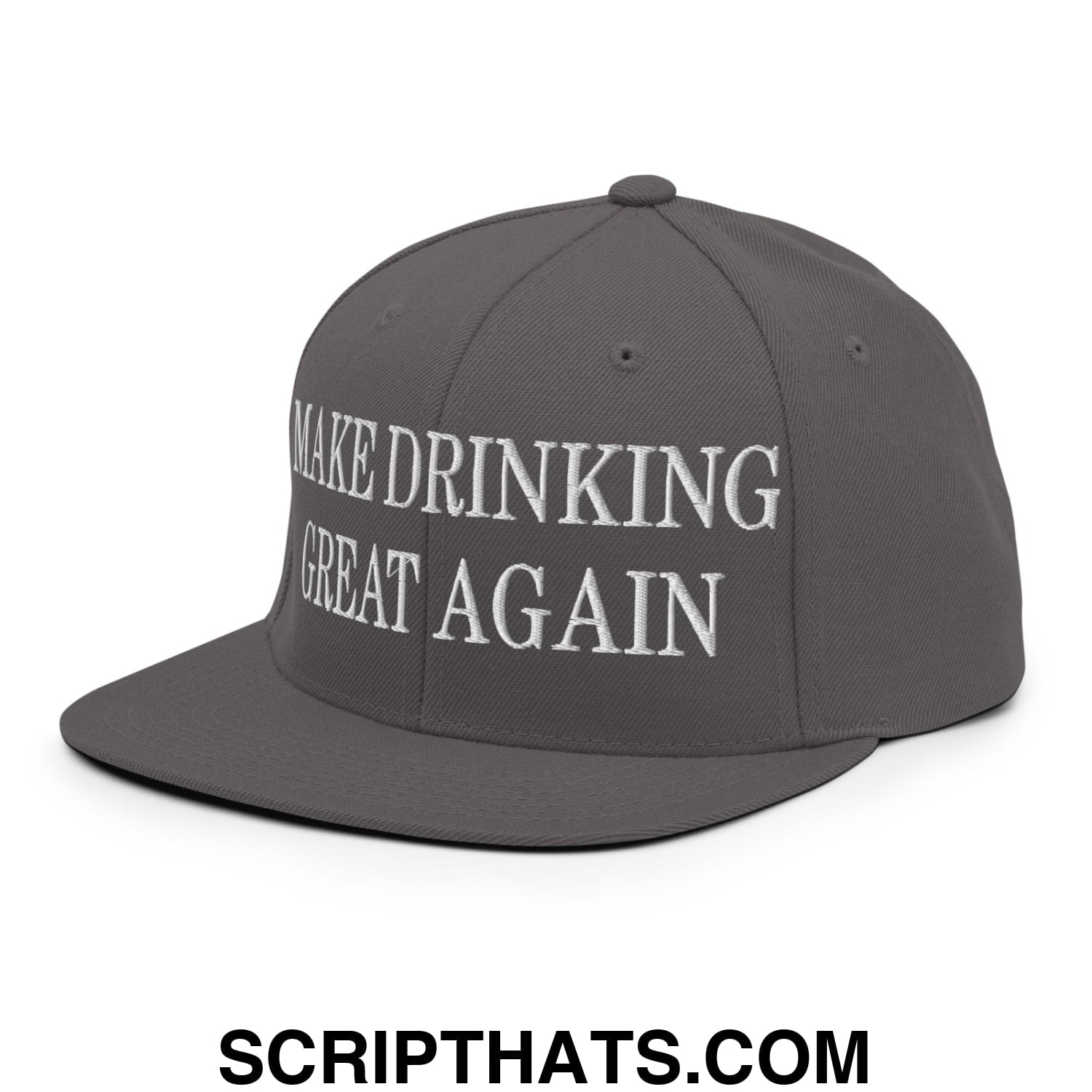 Gray snapback hat with white embroidered make drinking great again text and flat bill brim for casual wear