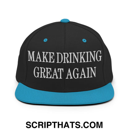 Black snapback cap with teal brim and button featuring white embroidered text make drinking great again