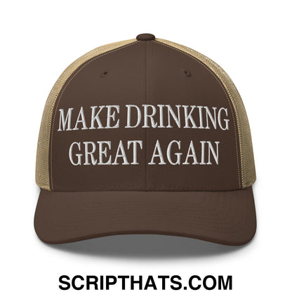 Brown and tan mesh trucker hat with white embroidered text reading make drinking great again