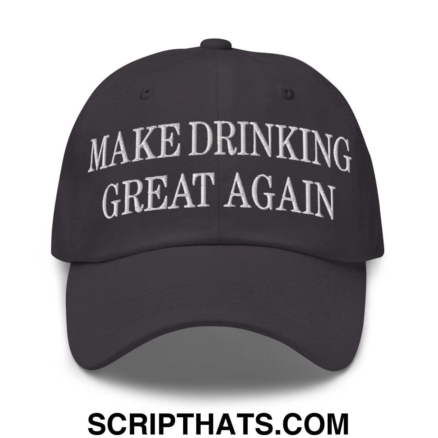 Black embroidered unstructured dad hat with white make drinking great again text for casual wear